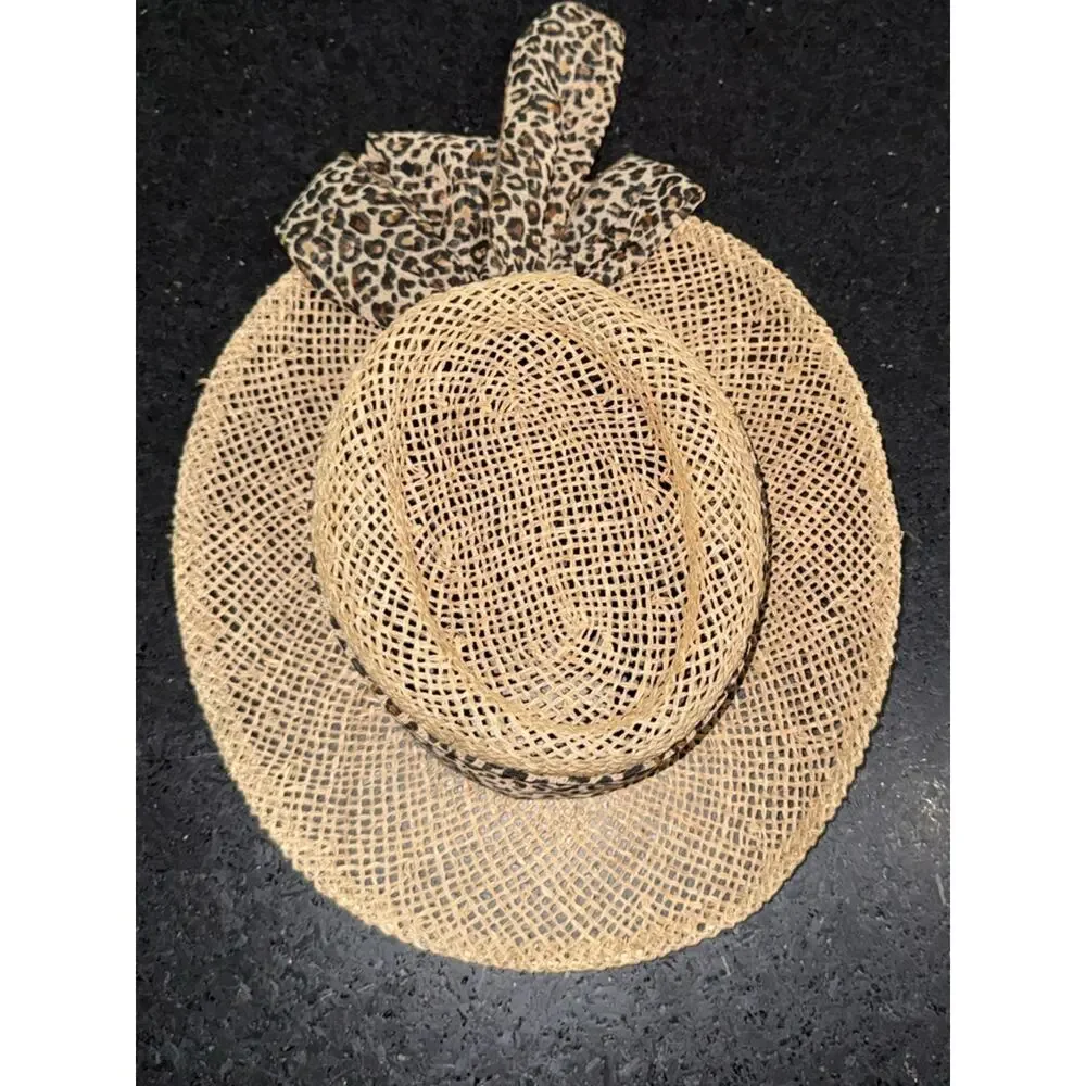 VINTAGE SCALA Natural seagrass straw gambler hat leopard print sash bow